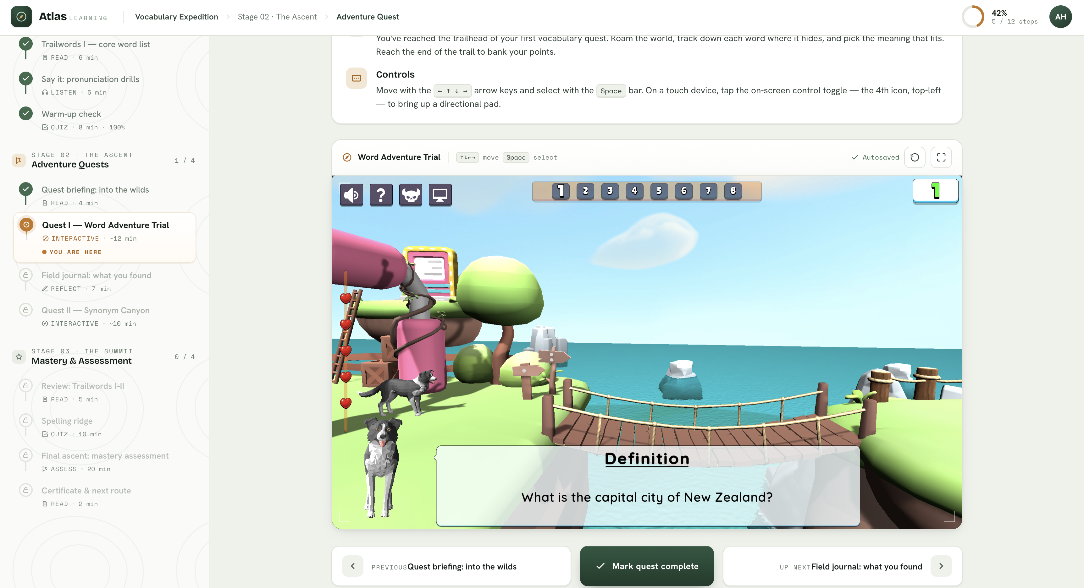 Playable 3D platformer vocabulary game — kids run, jump, and collect words in a 3D world in this gamified, browser-based language-learning activity for edtech and K-12, built by Tommy at xImmersion
